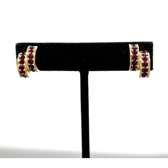 Vintage Monet Crescent Red Rhinestone Art Deco Pierced Stud Earrings Gold tone - Picture 1 of 11